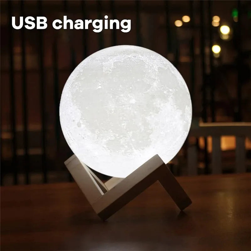 Lámpara de luna recargable con impresión 3D, luz LED de noche, interruptor táctil.