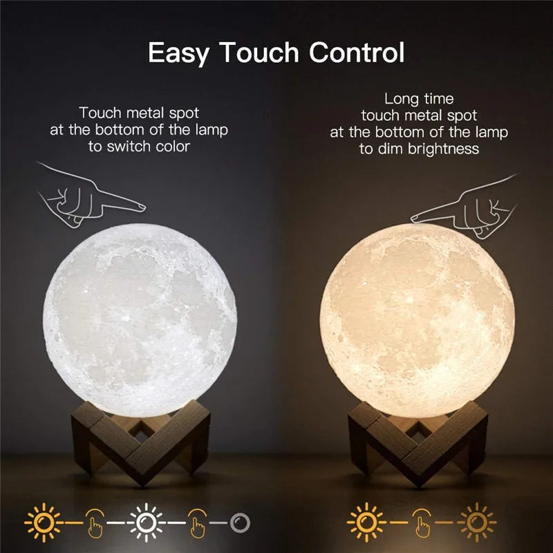 Lámpara de luna recargable con impresión 3D, luz LED de noche, interruptor táctil.