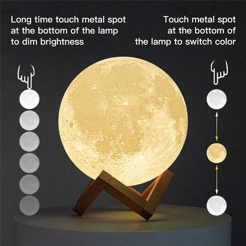 Lámpara de luna recargable con impresión 3D, luz LED de noche, interruptor táctil.